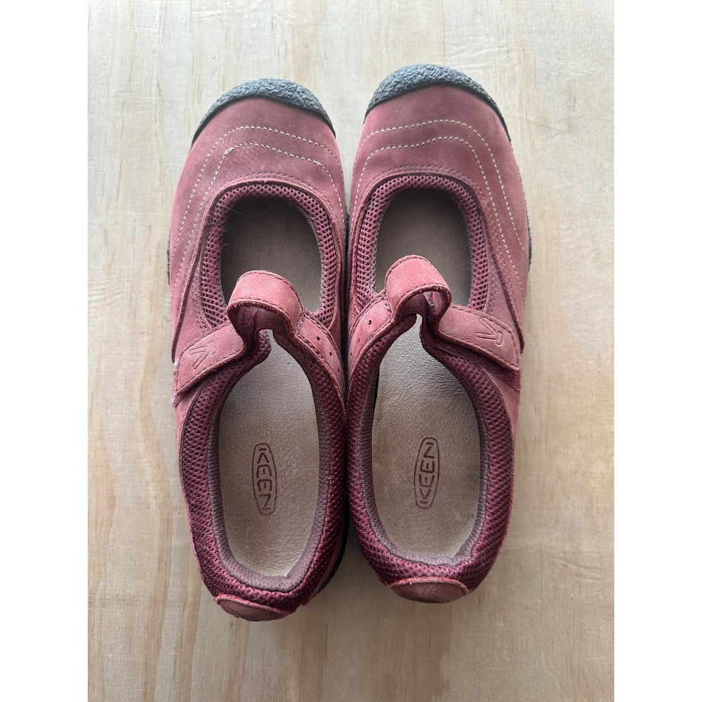 Keen Women Burgundy Red Nubuck Leather Mary Jane Flats Hook Loop Strap Shoes - Picture 5 of 9
